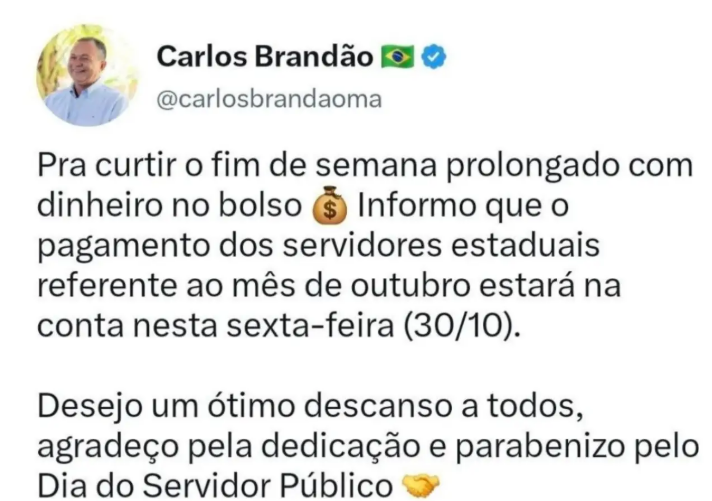 Governador Carlos Brandão anuncia pagamento dos servidores estaduais