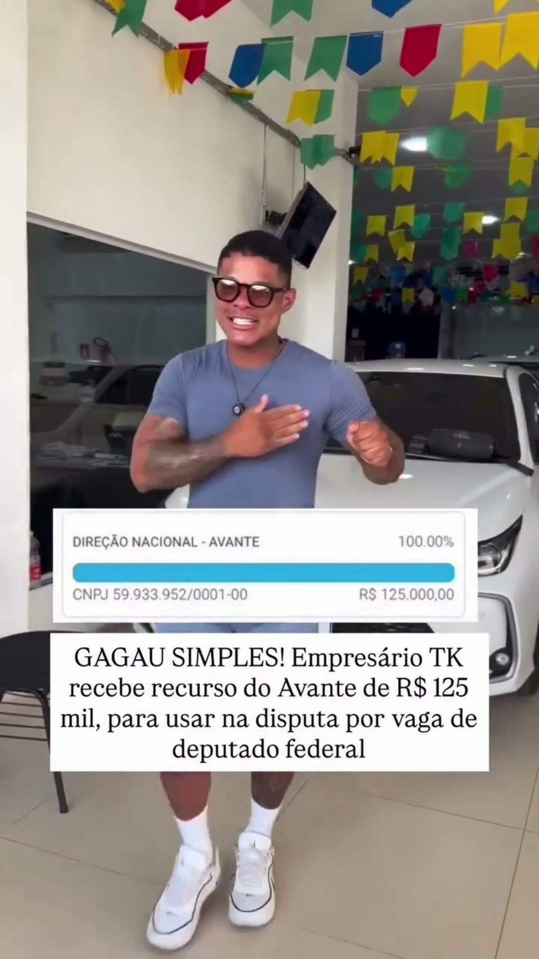 Empresário TK em vídeo divulgando repasse de R$ 125 mil do partido Avante para campanha a deputado federal