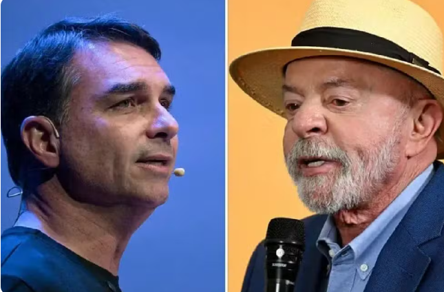 Flávio Bolsonaro e o presidente Luiz Inácio Lula da Silva lado a lado